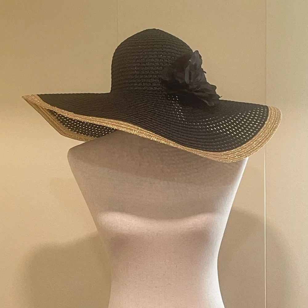 Apt 9 Floppy Straw Beach Sun Hat With Flower Vacation Summer Gold Black One Size - Picture 1 of 8